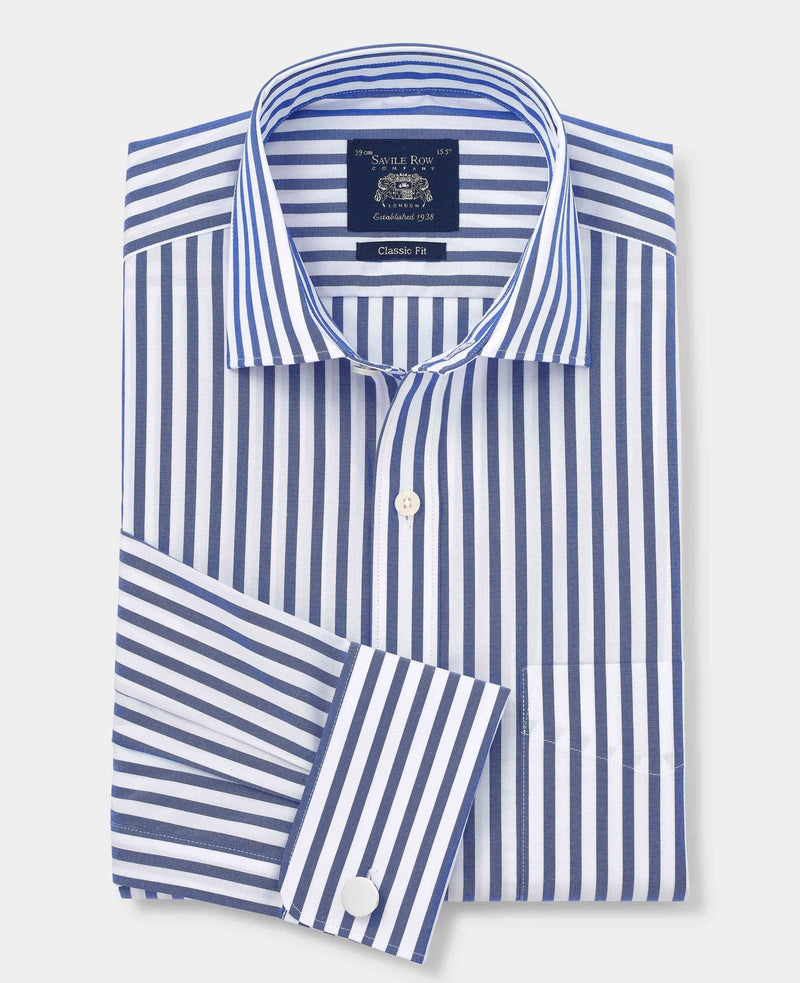 Blue White Cotton Poplin Striped Classic Fit Formal Shirt - Double Cuff