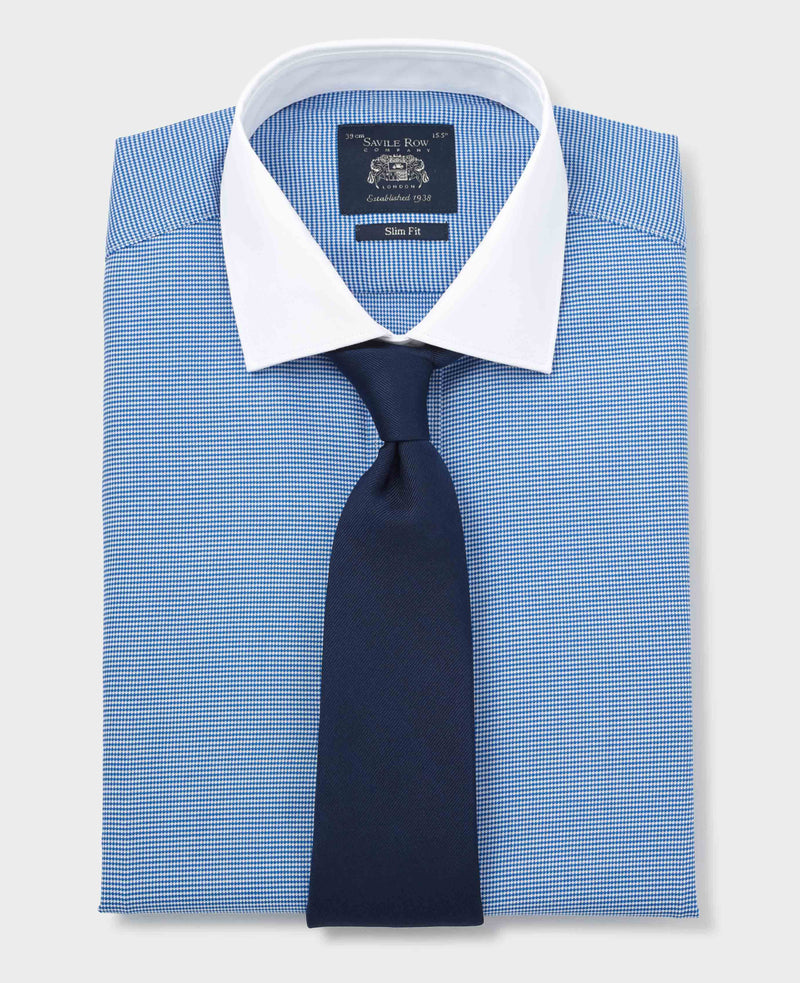 Blue White Cotton Puppytooth Slim Fit Winchester Formal Shirt - Double Cuff