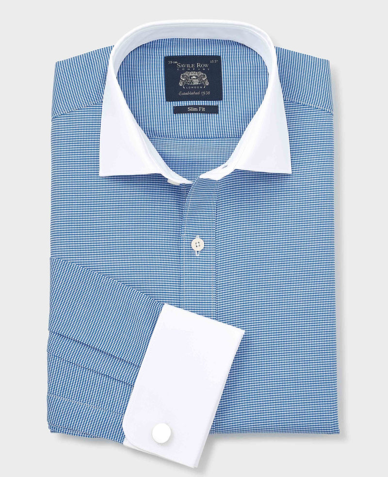 Blue White Cotton Puppytooth Slim Fit Winchester Formal Shirt - Double Cuff
