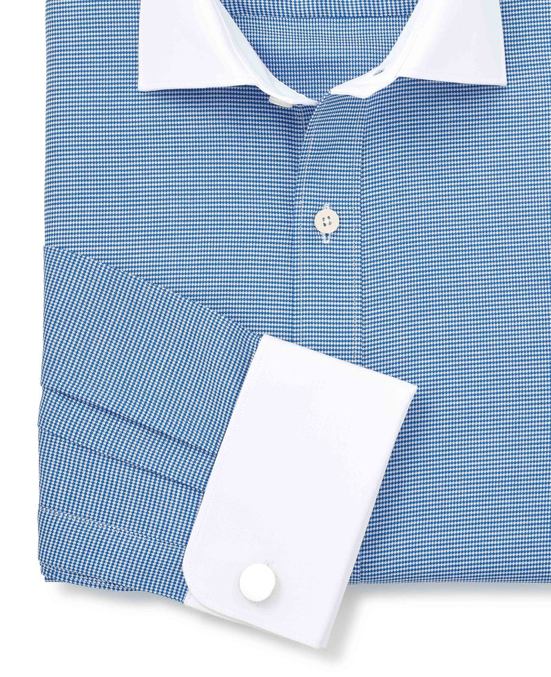 Blue White Cotton Puppytooth Slim Fit Winchester Formal Shirt - Double Cuff