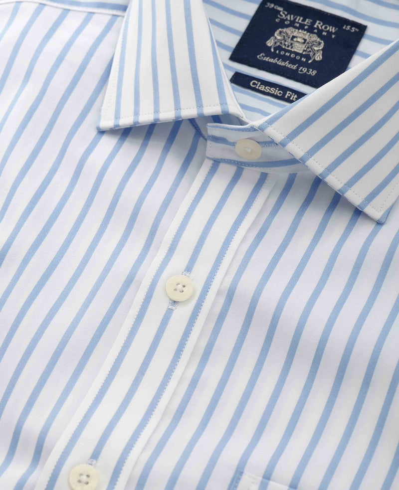 Men's Blue White Cotton Stripe Classic Fit Formal Shirt With Single Cuffs collar detail