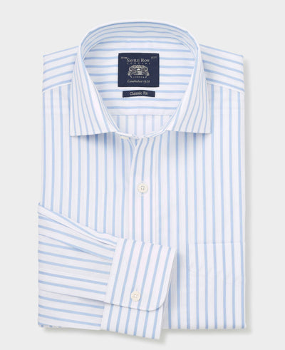 Men's Blue White Cotton Stripe Classic Fit Formal Shirt With Single Cuffs folded