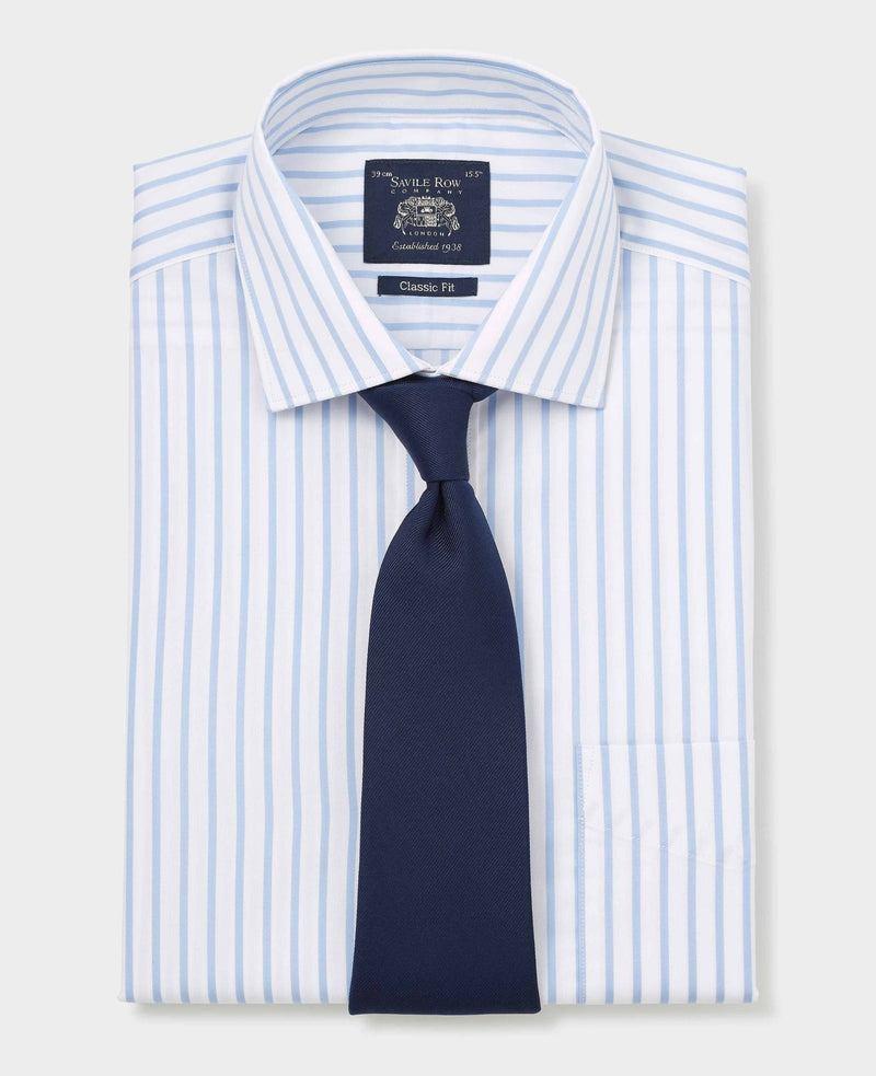 Men's Blue White Cotton Stripe Classic Fit Formal Shirt With Single Cuffs folded with tie
