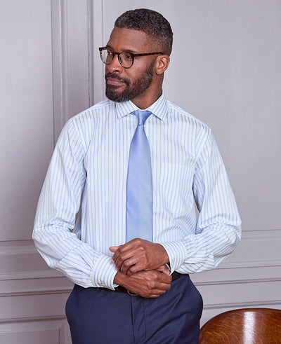 Men's Blue White Cotton Stripe Classic Fit Formal Shirt With Single Cuffs model image 1