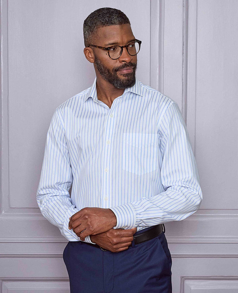 Men's Blue White Cotton Stripe Classic Fit Formal Shirt With Single Cuffs model image 2