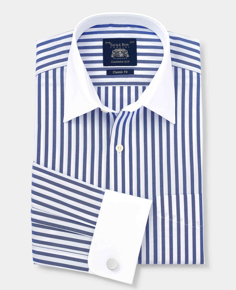 Blue White Cotton Striped Classic Fit Winchester Formal Shirt - Double Cuff