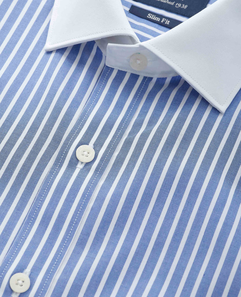 Blue White Cotton Striped Slim Fit Winchester Formal Shirt - Double Cuff