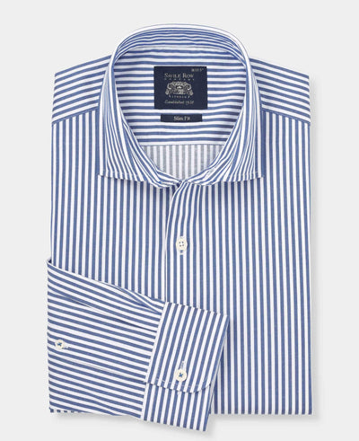 Men's Blue White Stretch Cotton Slim Fit Striped Smart Casual Shirt folded