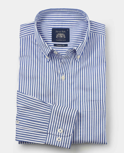 Men's Blue White Stretch Cotton Twill Classic Fit Button-Down Striped Casual Shirt folded