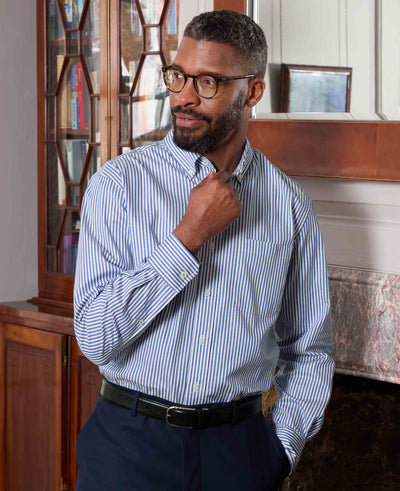 Men's Blue White Stretch Cotton Twill Classic Fit Button-Down Striped Casual Shirt model image