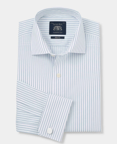 Men's Blue White Stripe Cotton Slim Fit Formal shirt With Double Cuffs folded