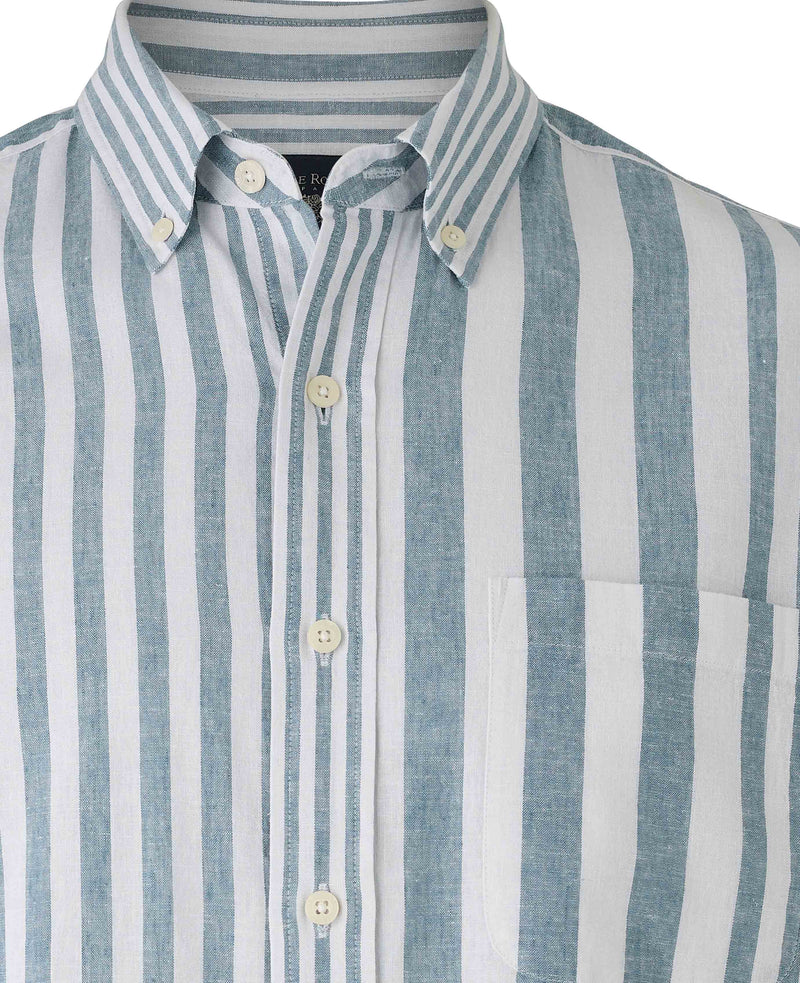 Men's Blue White Variegated Stripe Cotton Linen Classic Fit Button-Down Casual Shirt collar detail