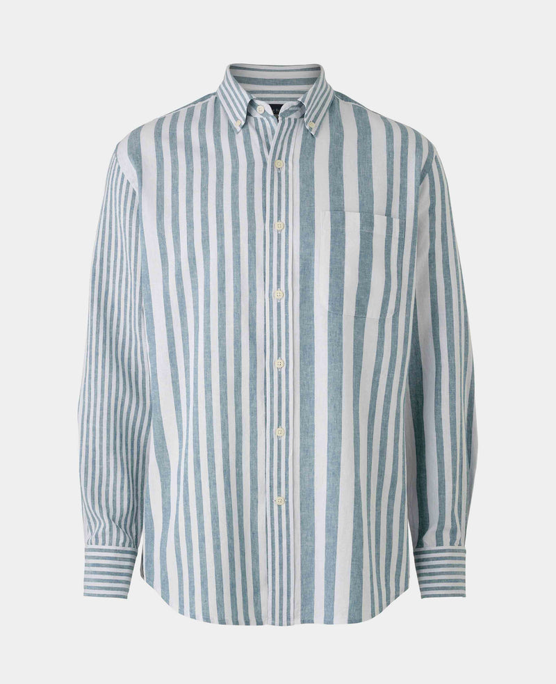 Men's Blue White Variegated Stripe Cotton Linen Classic Fit Button-Down Casual Shirt mannequin