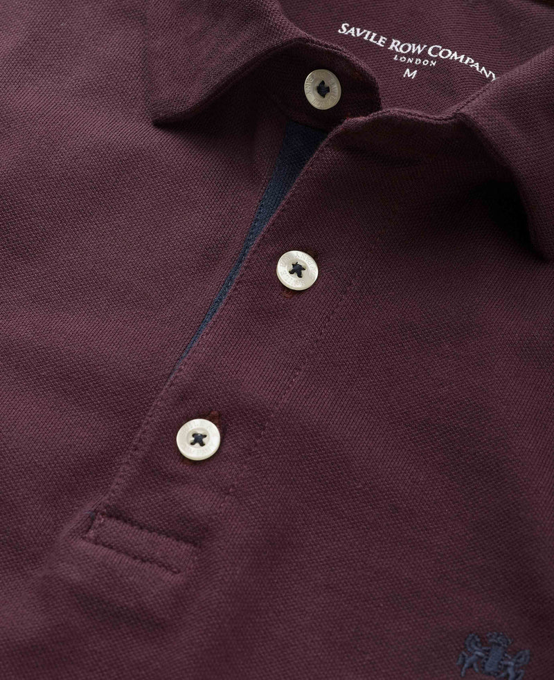 Men's Burgundy Cotton Pique Long Sleeve Polo Shirt collar detail