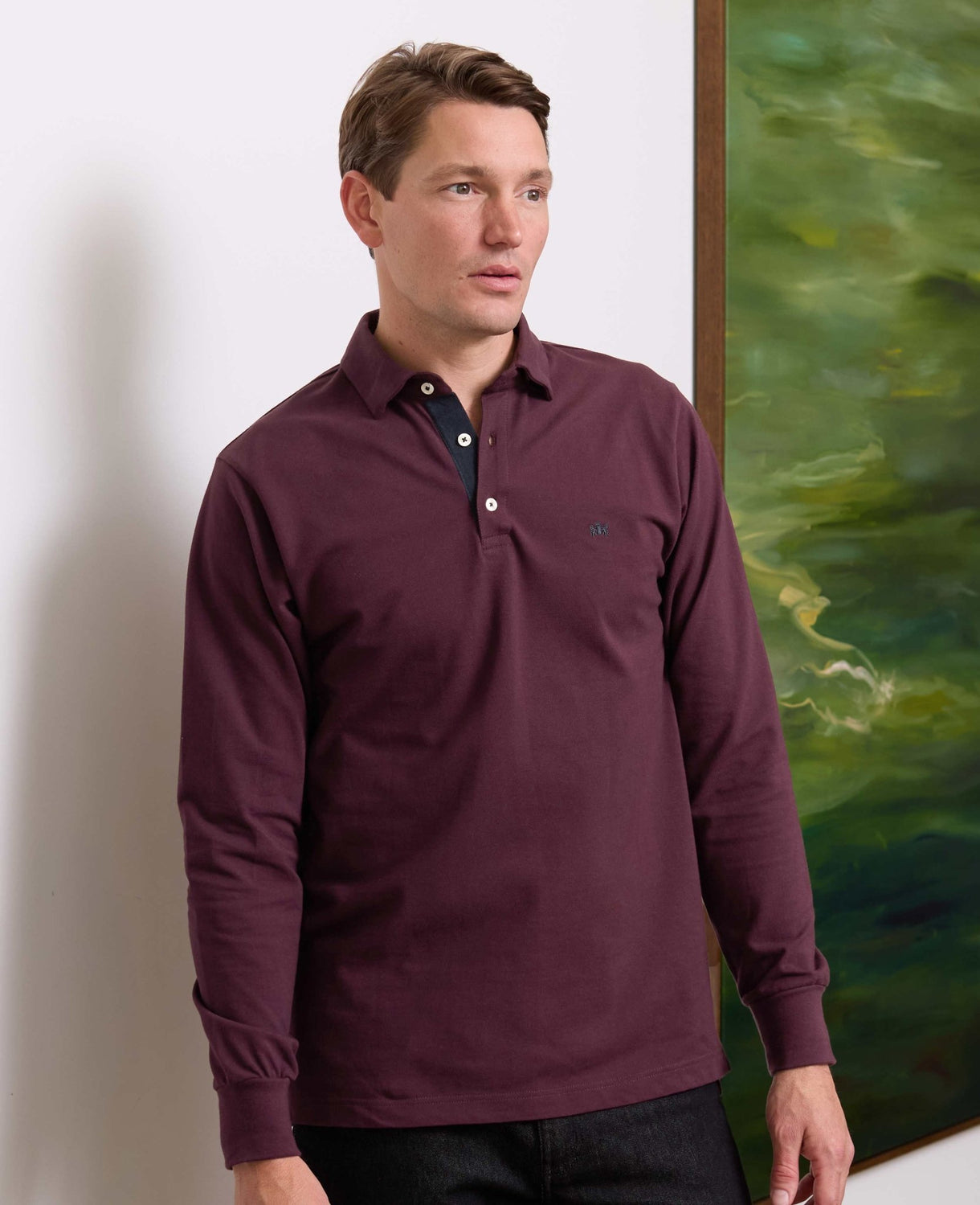 Men's Burgundy Cotton Pique Long Sleeve Polo Shirt model shot