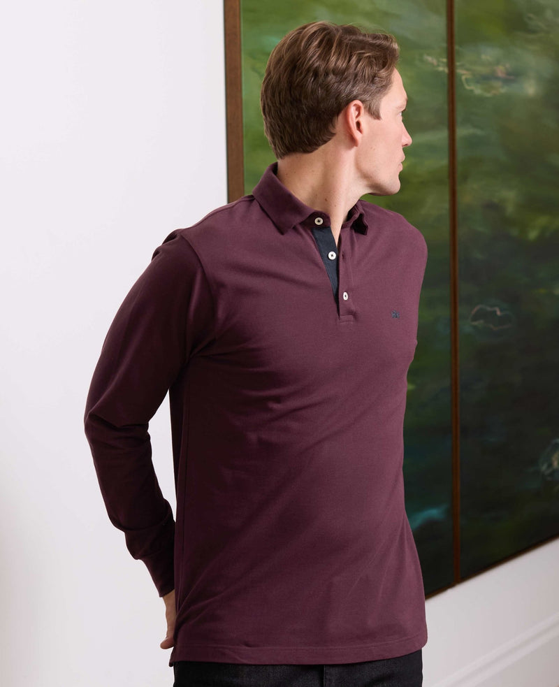 Men's Burgundy Cotton Pique Long Sleeve Polo Shirt model shot 2