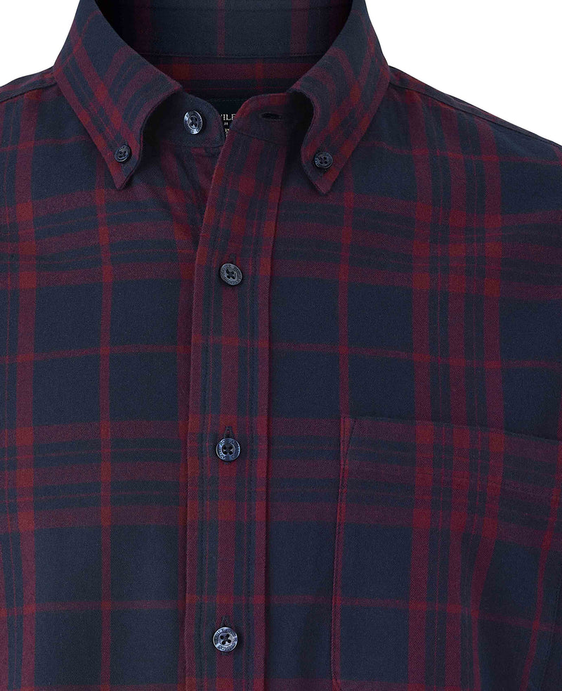 Burgundy Navy Brushed Cotton Check Classic Fit Button-Down Casual Shirt