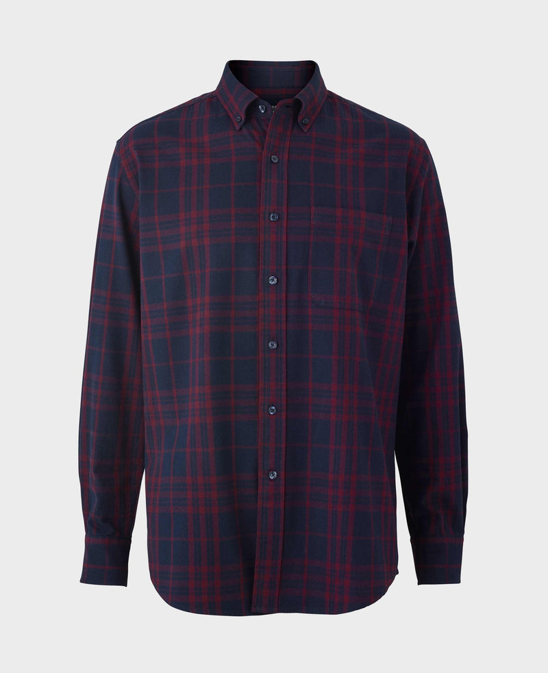 Burgundy Navy Brushed Cotton Check Classic Fit Button-Down Casual Shirt