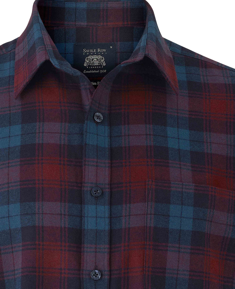 Burgundy Navy Brushed Cotton Check Slim Fit Casual Shirt