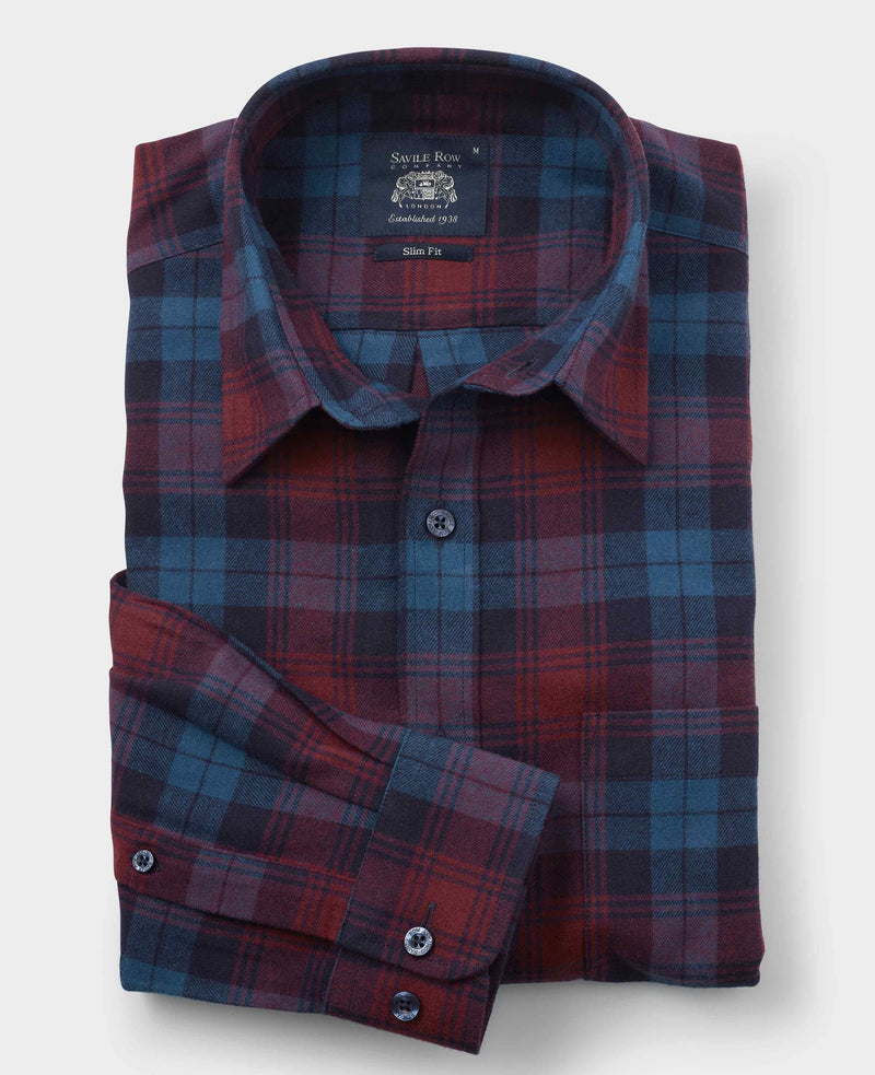 Burgundy Navy Brushed Cotton Check Slim Fit Casual Shirt
