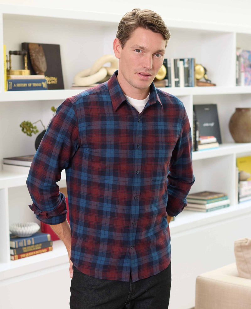 Burgundy Navy Brushed Cotton Check Slim Fit Casual Shirt