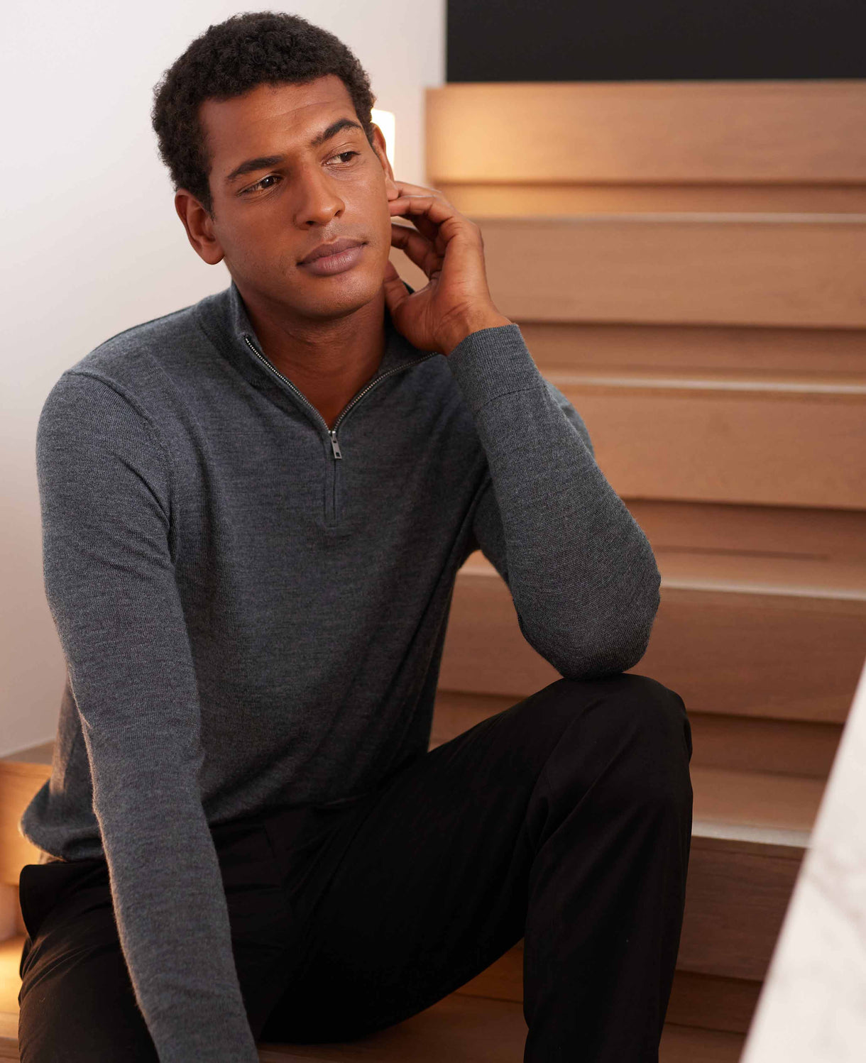 charcoal merino wool zip neck jumper mkw567chr model image 2