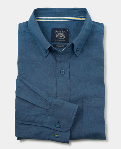 Men's Dark Blue Linen Cotton Classic Fit Button-Down Casual Shirt folded