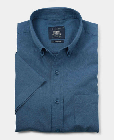 Men's Dark Blue Linen Cotton Classic Fit Short Sleeve Casual Shirt folded