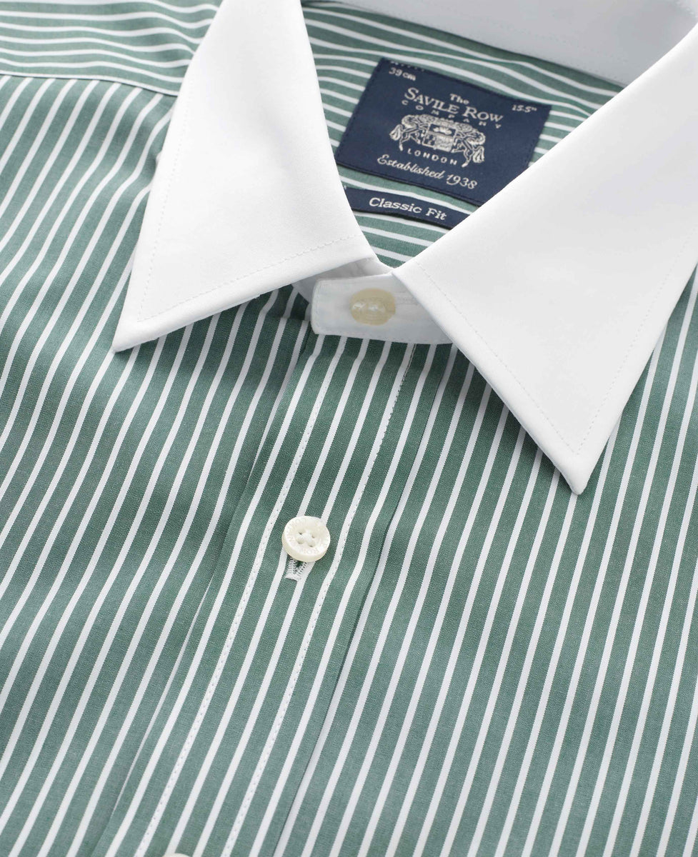 Men s Green Stripe Classic Fit Shirt With White Collar Cuffs Savile Row Company