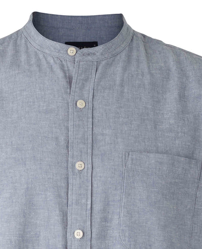 Men's Denim Blue Linen Cotton Classic Fit Grandad Collar Casual Shirt collar detail