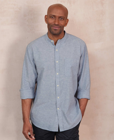 Men's Denim Blue Linen Cotton Classic Fit Grandad Collar Casual Shirt model shot 1