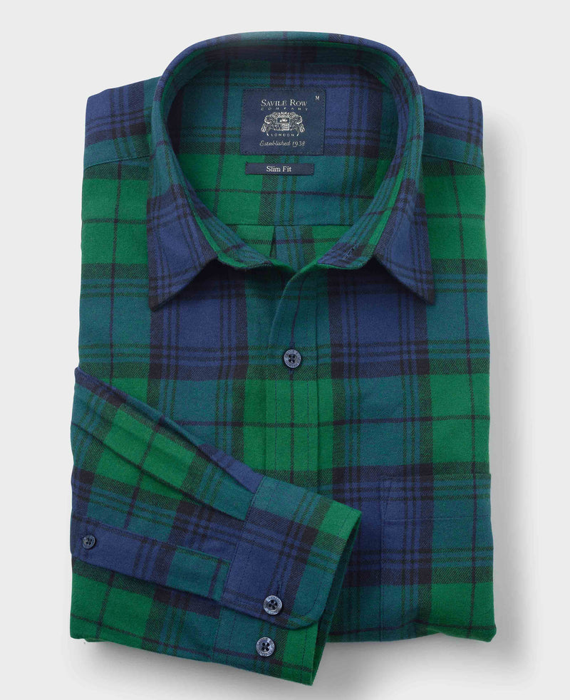 Green Blue Brushed Cotton Check Slim Fit Casual Shirt
