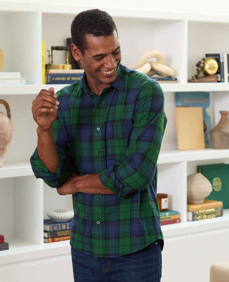 Green Blue Brushed Cotton Check Slim Fit Casual Shirt