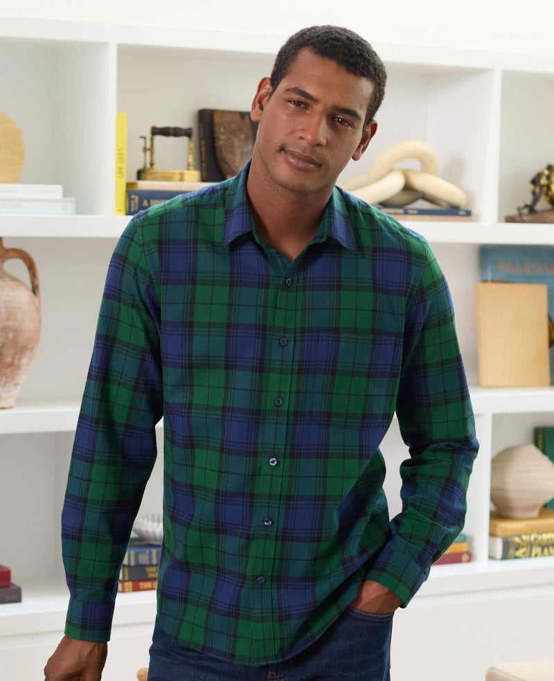 Green Blue Brushed Cotton Check Slim Fit Casual Shirt