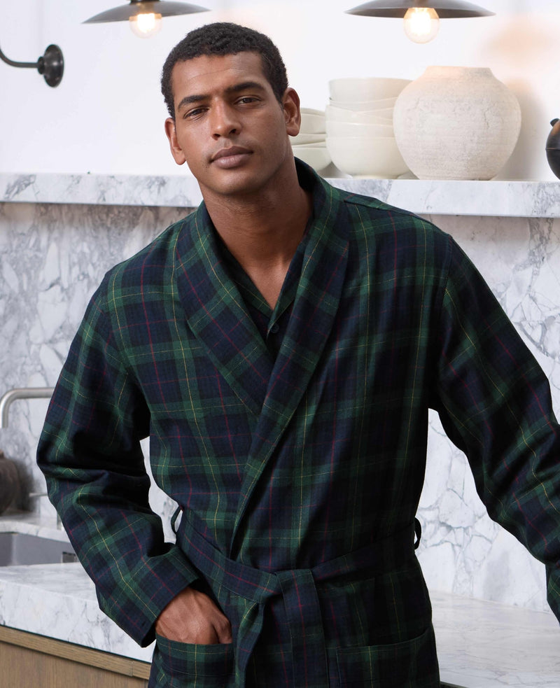 Green Brushed Cotton Twill Window Check Dressing Gown