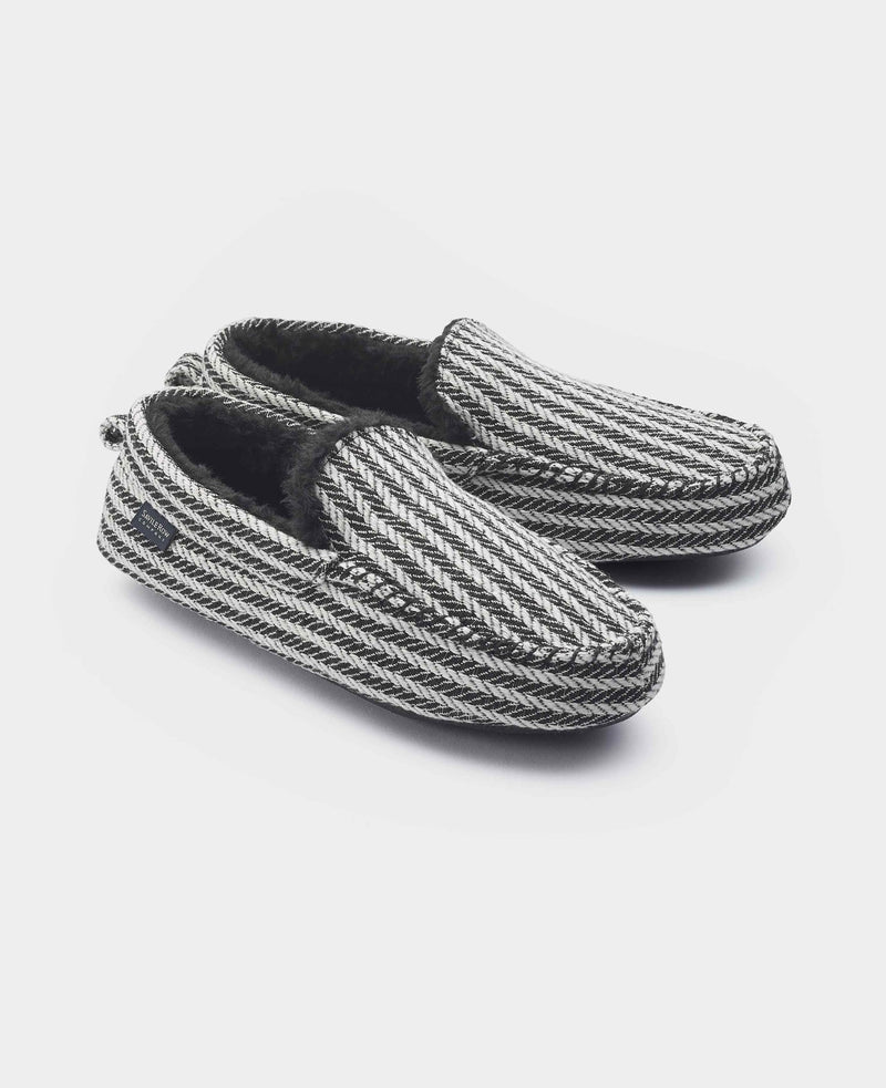 Grey Black Herringbone Moccasin Slippers
