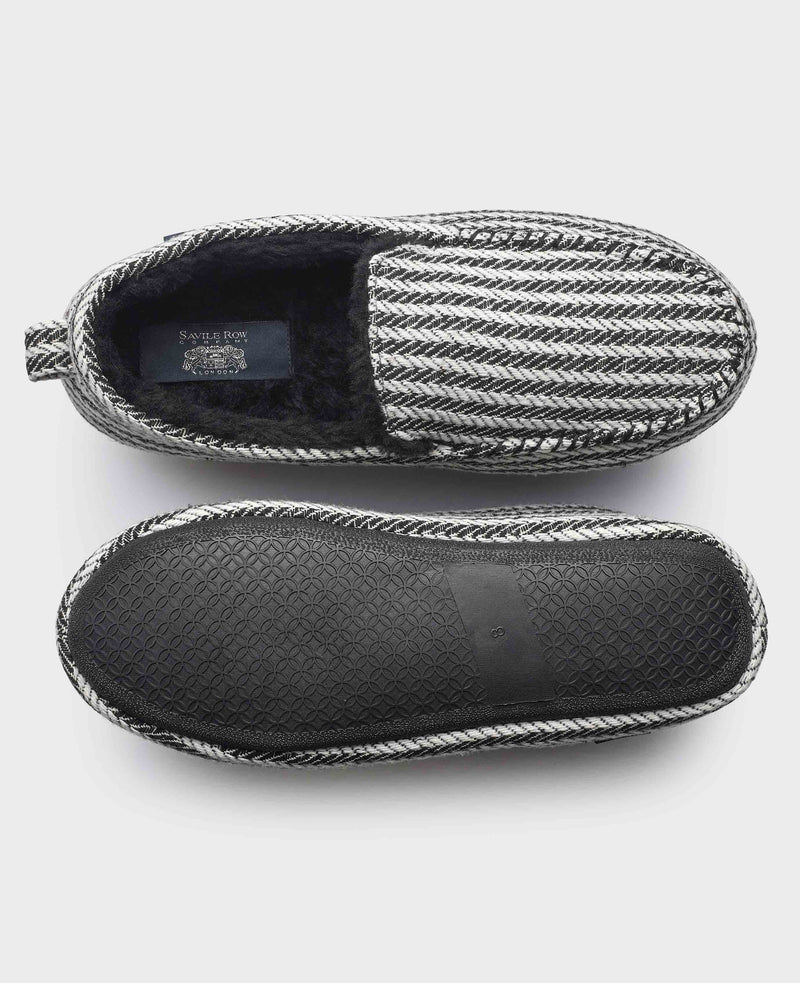 Grey Black Herringbone Moccasin Slippers