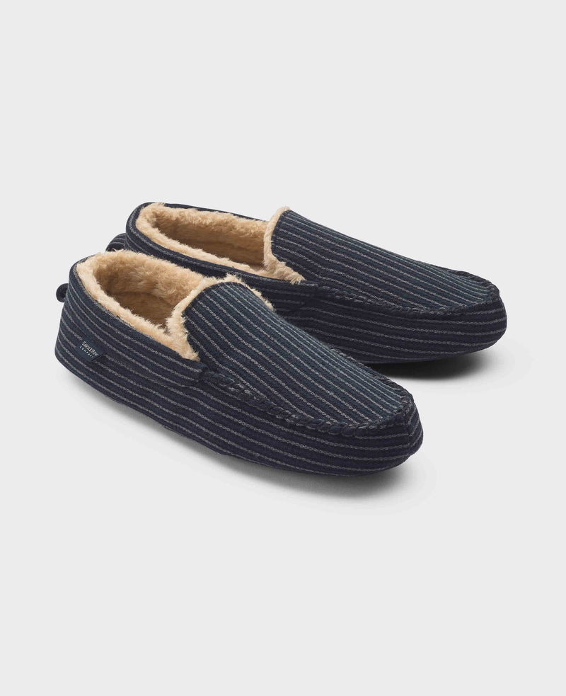Grey Black Pinstripe Herringbone Moccasin Slippers