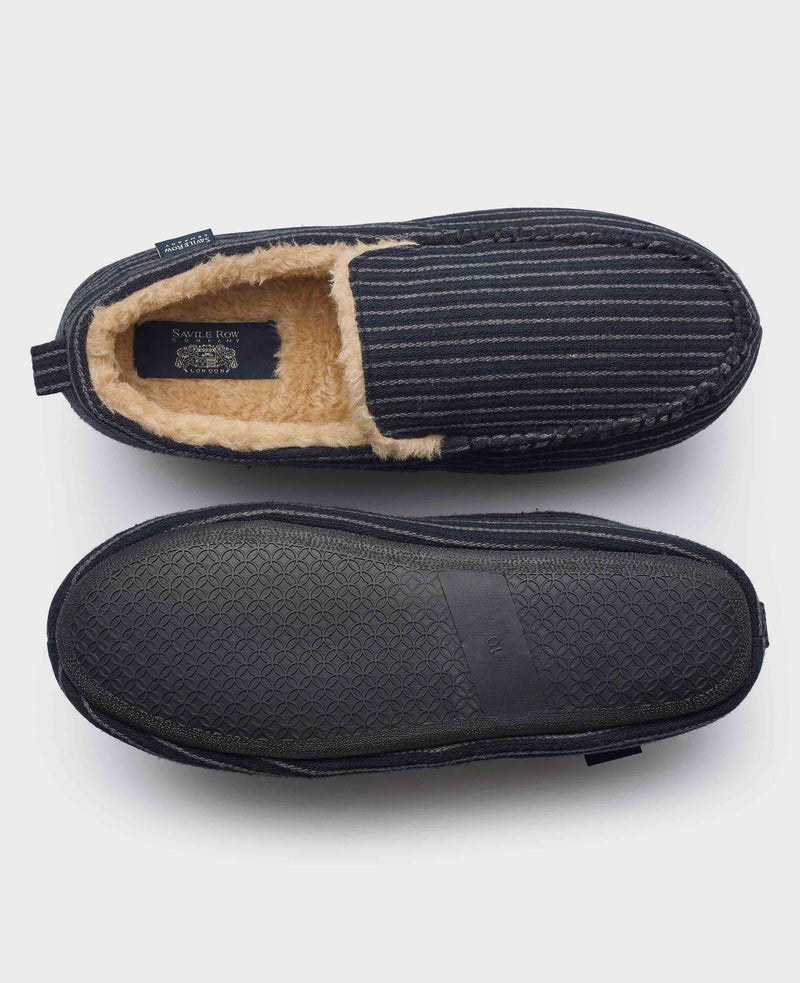 Grey Black Pinstripe Herringbone Moccasin Slippers