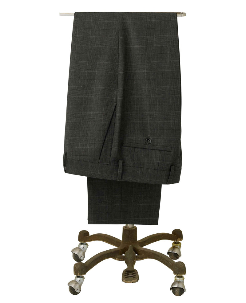 Men's Grey Prince of Wales Check Wool Blend Suit Trousers folded on rails