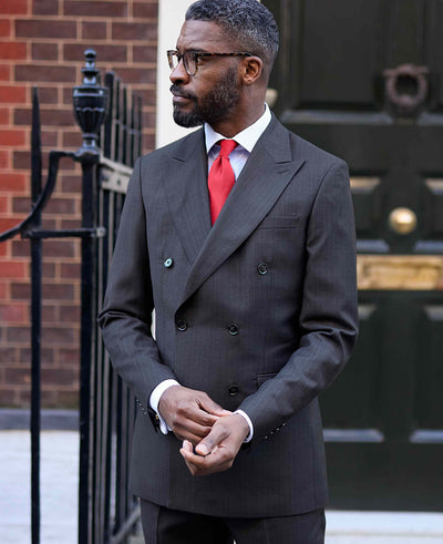 Men's Grey Wool Blend Chalk Stripe Double Breasted Suit Jacket model shot 1