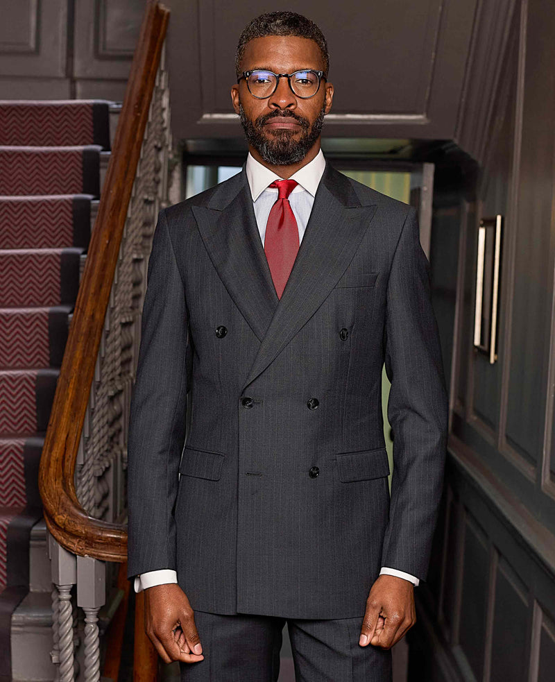 Men's Grey Wool Blend Chalk Stripe Double Breasted Suit Jacket model shot 2