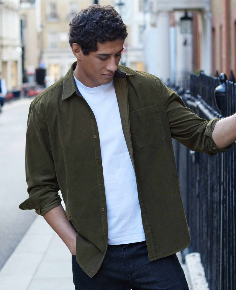 Khaki Cotton Babycord Classic Fit Casual Shirt