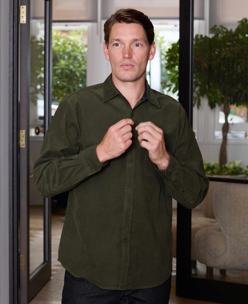 Khaki Cotton Babycord Classic Fit Casual Shirt