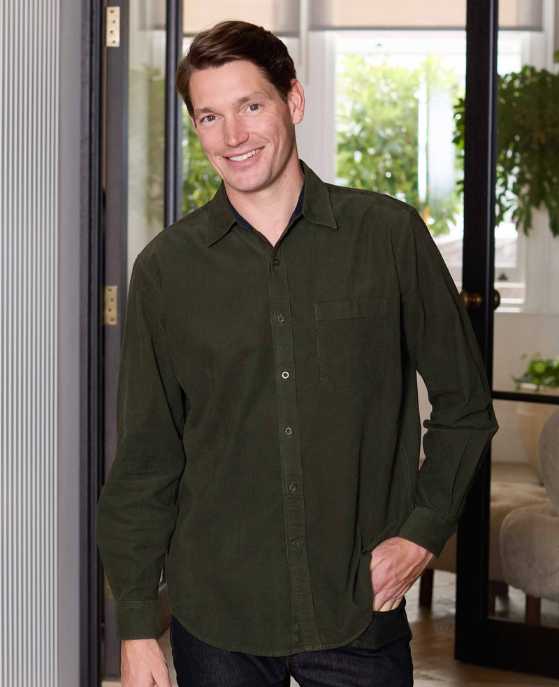 Khaki Cotton Babycord Classic Fit Casual Shirt