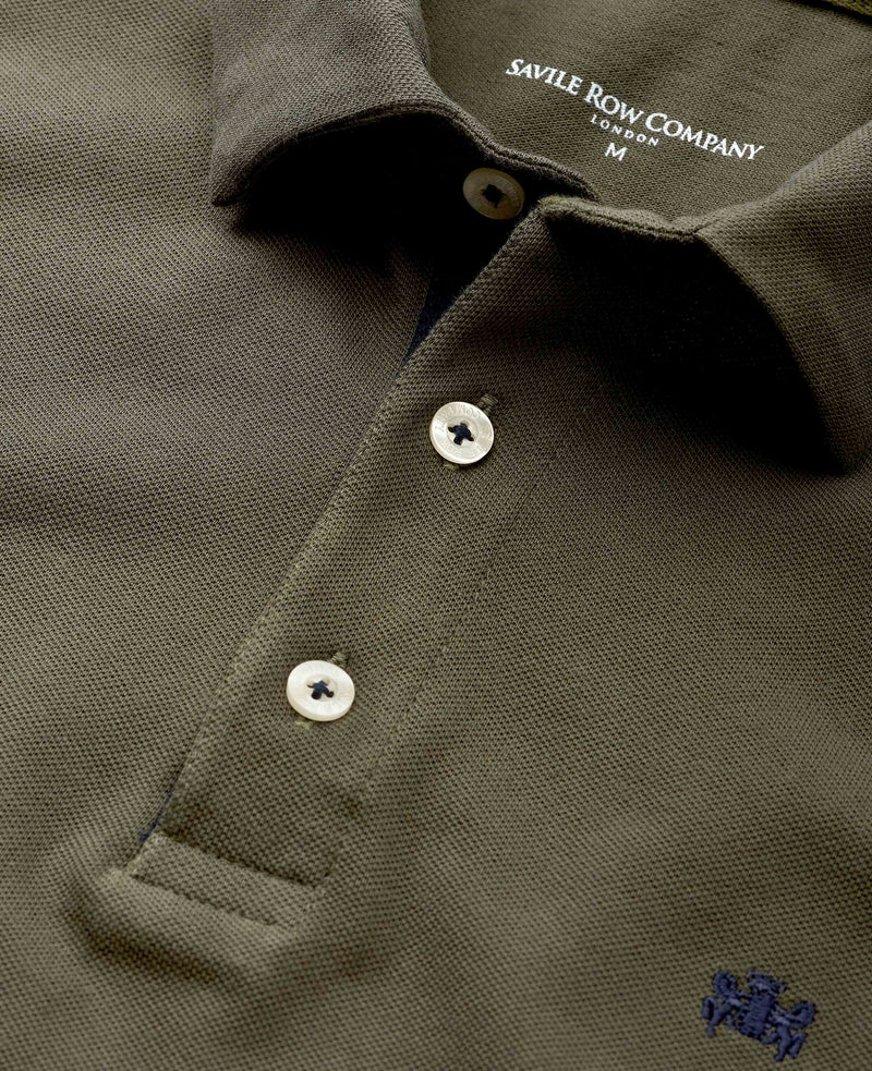 Men's Khaki Cotton Pique Long Sleeve Polo Shirt collar detail