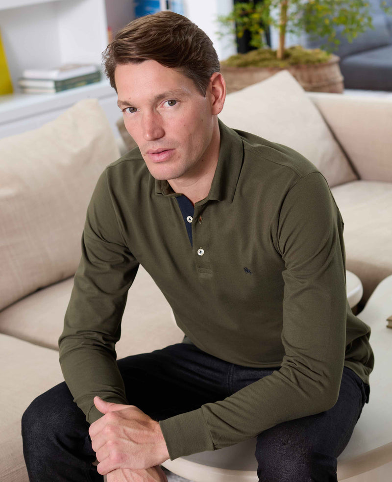Men's Khaki Cotton Pique Long Sleeve Polo Shirt model shot