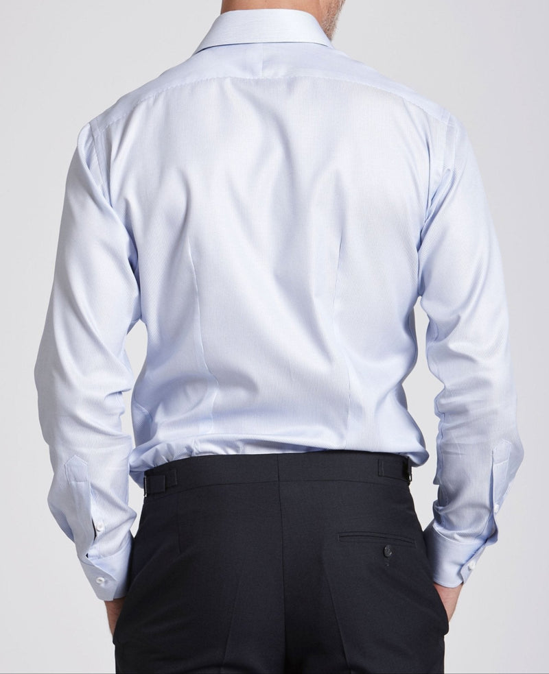 Leon Blue Satin Dobby Stripe Made To Measure Shirt MODEL BACK SHOT