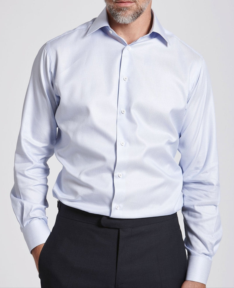 Leon Blue Satin Dobby Stripe Made To Measure Shirt MODEL SHOT