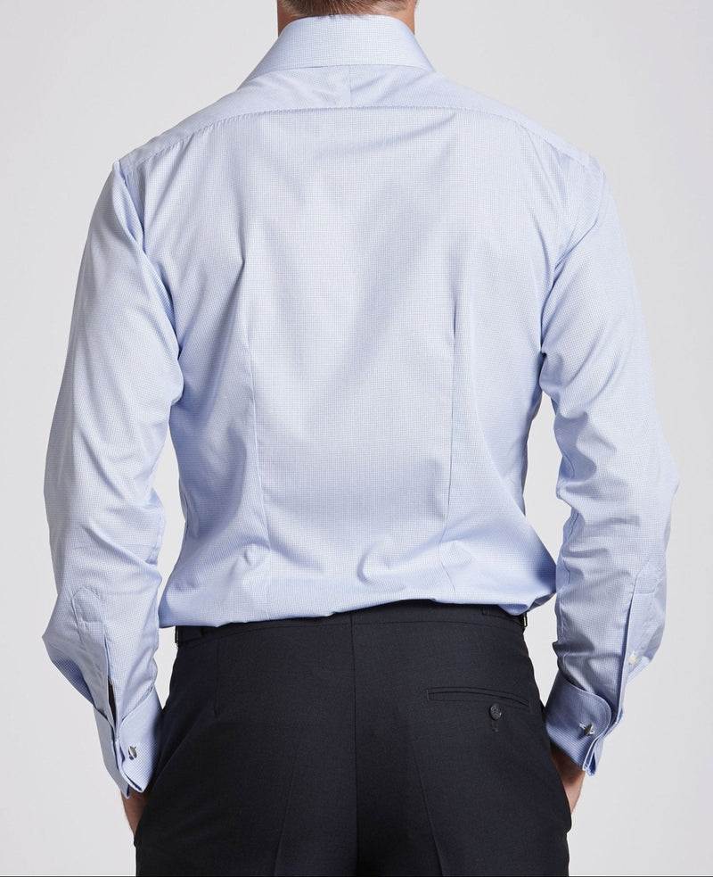 Lewis Blue Fine Check Made To Measure Shirt MODEL BACK SHOT